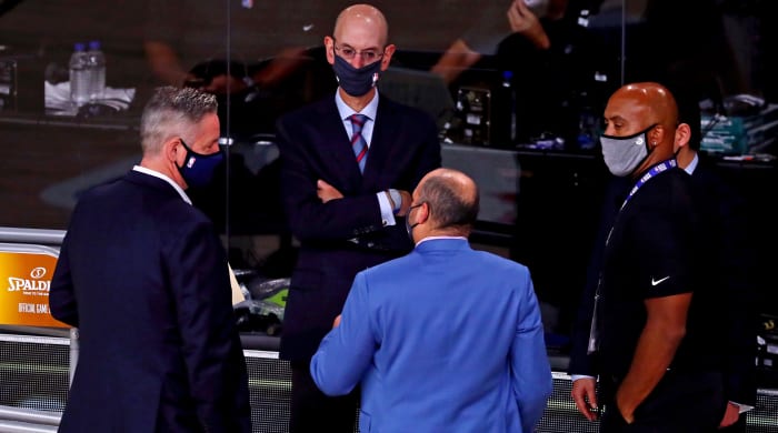 NBA commissioner Adam Silver talks before game five of the 2020 NBA Finals between the Los Angeles Lakers and the Miami Heat at AdventHealth Arena.